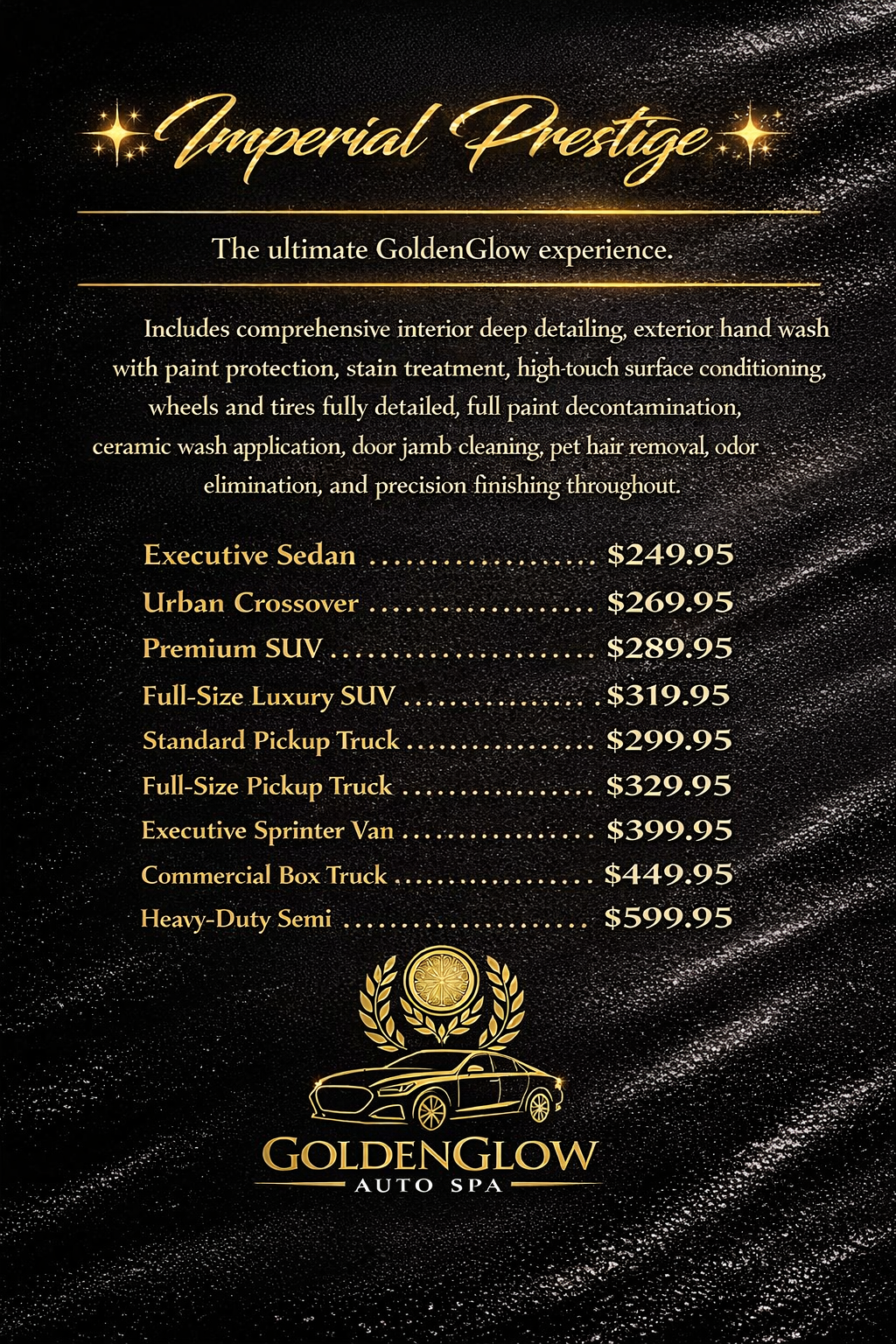 A price list for various car detailing services at GoldenGlow Auto Spa, featuring options such as Executive Sedan, Urban Crossover, Premium SUV, Full-Size Luxury SUV, Standard Pickup Truck, Full-Size Pickup Truck, Executive Sprinter Van, Commercial Box Truck, and Heavy-Duty Semi, with prices ranging from $249.95 to $599.95.