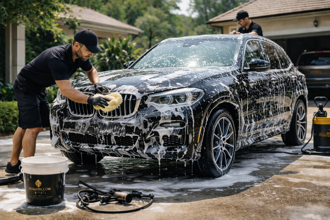 A man washing a black BMW SUV with soap and a sponge, while another man brushes his hair and stands behind the vehicle. The car is covered in soap suds and is being rinsed with a pressure washer, in a driveway with a house and trees in the background.