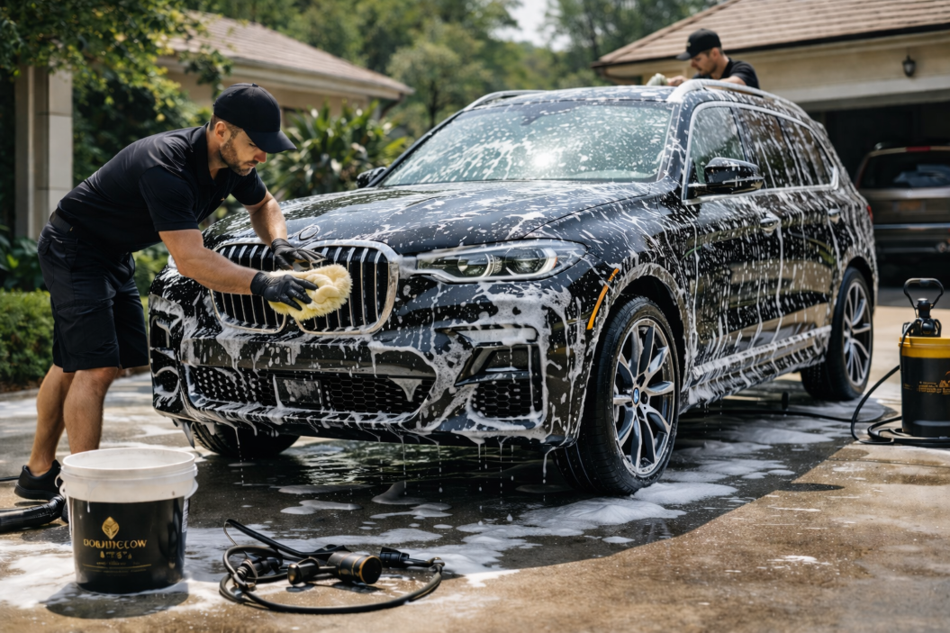 Man washing black SUV with soap and sponge in driveway, another man rinsing car in background, garden and house in background.