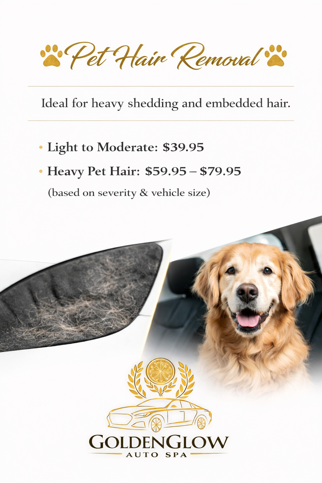 Advertising sign for pet hair removal service with a smiling golden retriever, car, and logo for GoldenGlow Auto Spa.