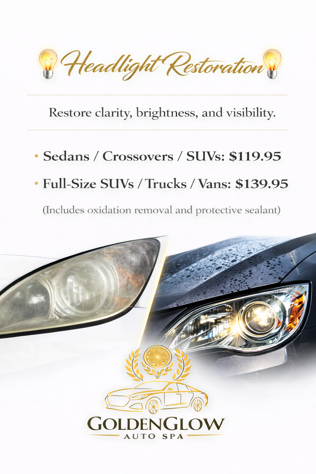 Advertisement for Headlight Restoration services at GoldenGlow Auto Spa, featuring images of vehicle headlights with water droplets, and listing prices for sedation, crossover, SUV, truck, and van headlight restoration, including oxidation removal and protective sealant.