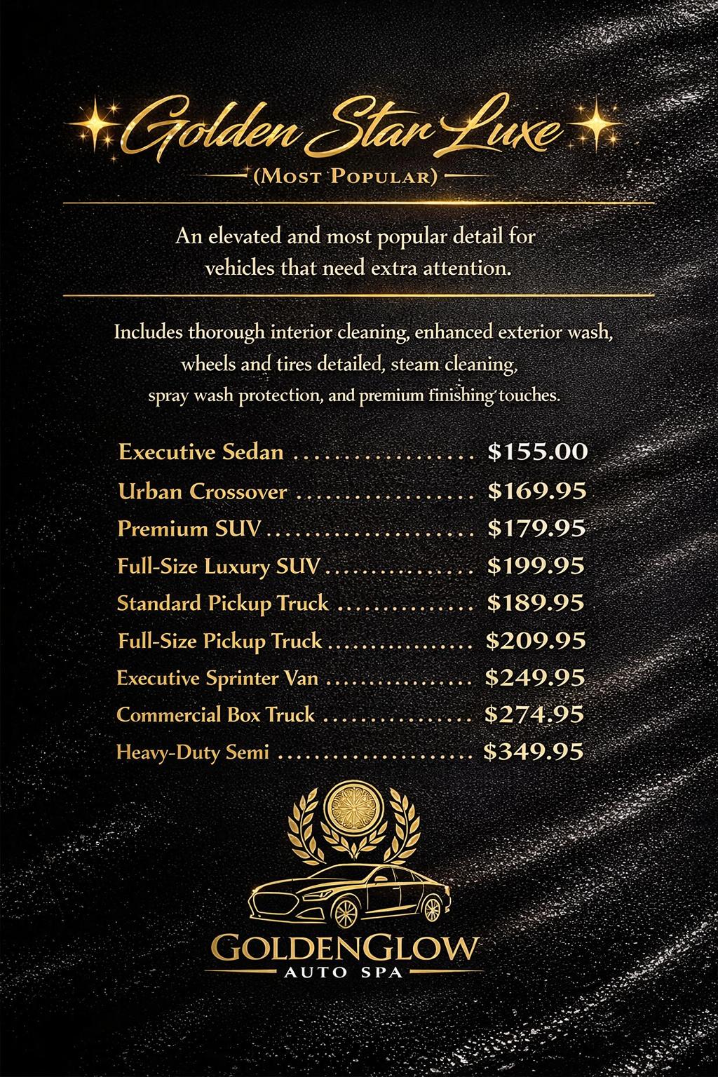 Price list for car detailing services at Golden Glow Auto Spa, featuring various vehicle types and their costs, with a background of a black glittery space-like design.