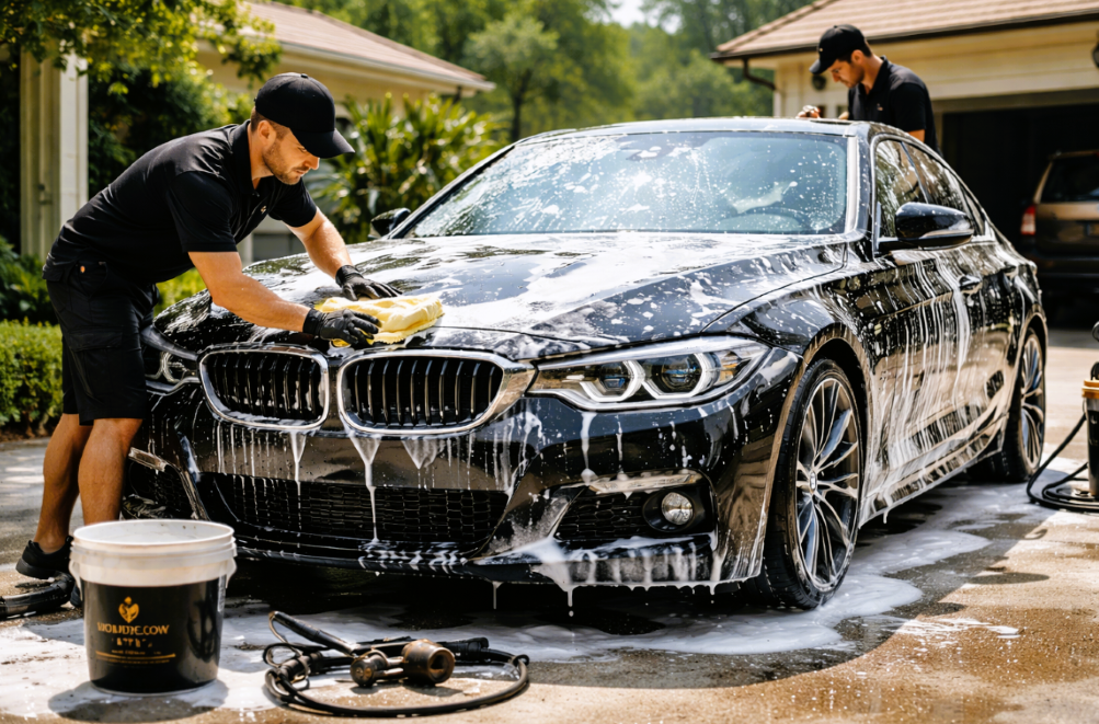 Two men washing a black BMW sedan in a driveway, with soap suds and foam covering the car.