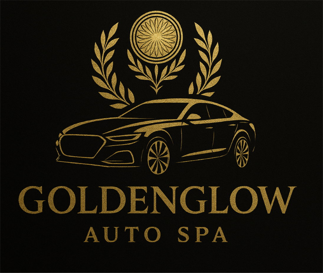 Gold-colored logo for GoldenGlow Auto Spa featuring a luxury car, a laurel wreath, and a circular emblem at the top, on a black background.
