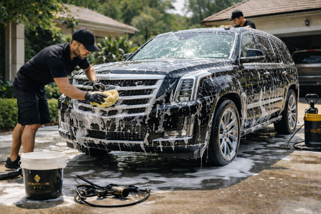 Two men wash a black SUV with soap and a sponge in a driveway.