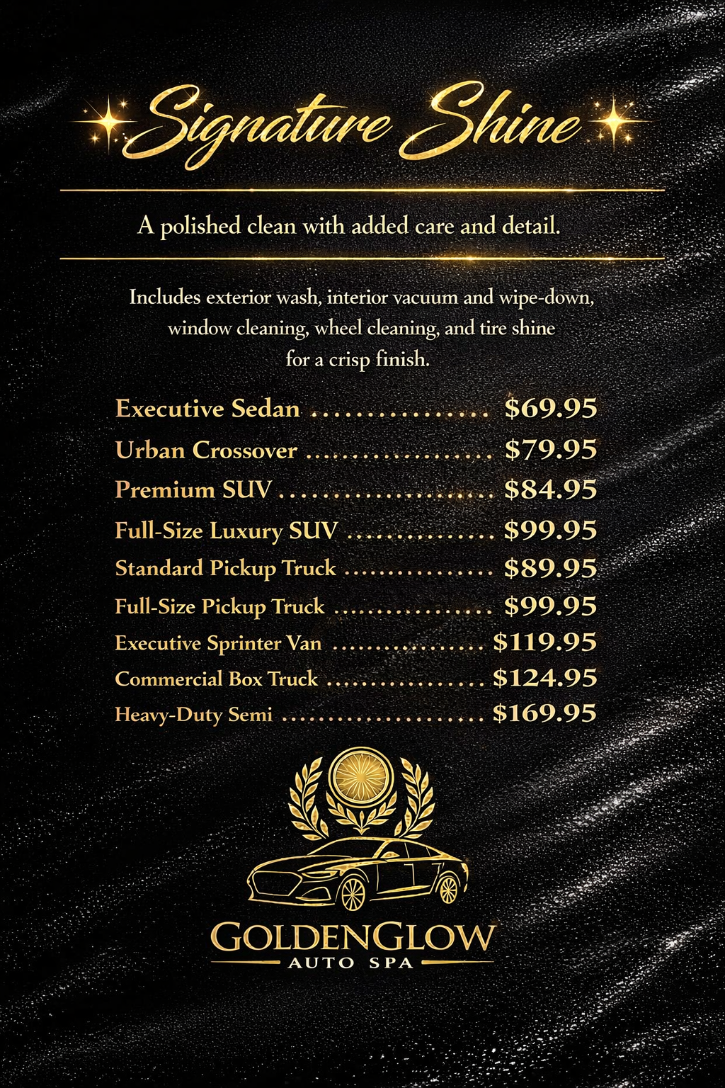 Pricing menu for auto detailing services by GoldenGlow Auto Spa, featuring various vehicle types and prices in gold text on a black background with decorative stars and an outline of a luxury car.