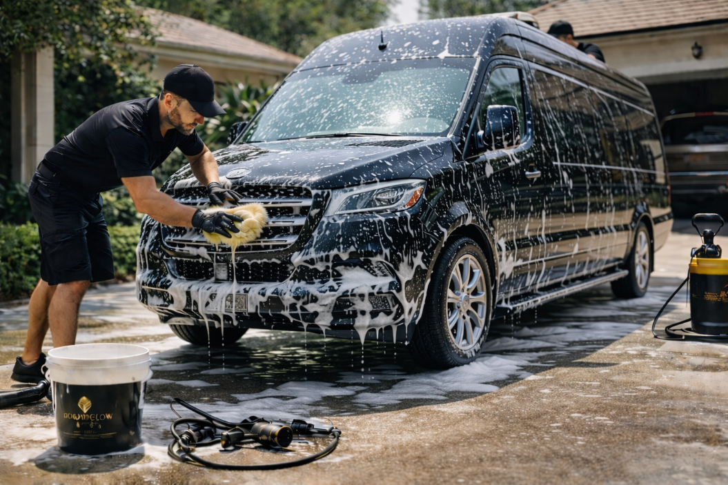 A man washing a black van with soap and a yellow sponge during daytime.