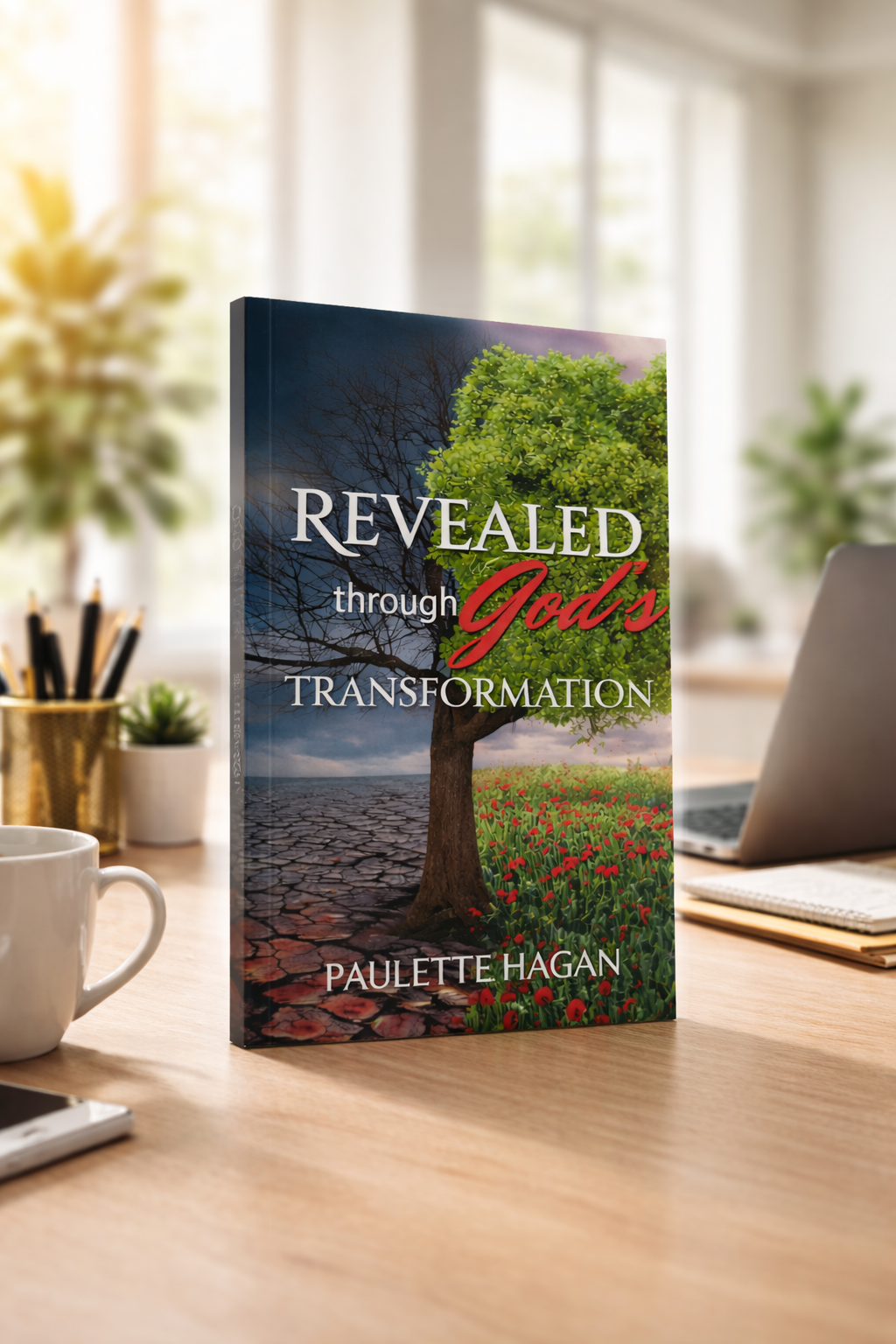 Book titled 'Revealed through God's Transformation' by Paulette Hagan features a split image of a tree, one side barren and cracked, the other lush with green leaves and red flowers, symbolizing transformation.