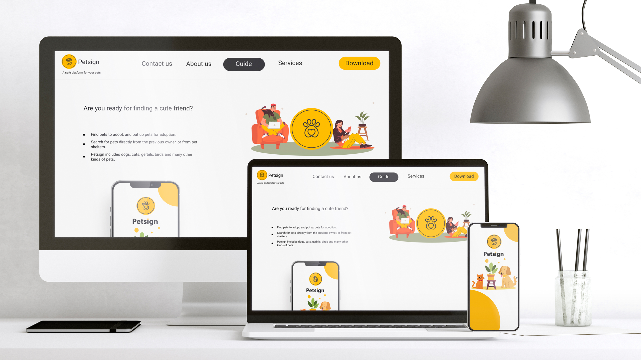 Multiple electronic devices displaying a pet adoption website called Petsign, with illustrations of pets and people, placed on a white desk next to a gray lamp and a glass with two straws.