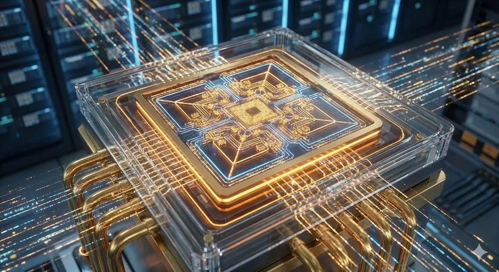 "Detailed close-up of a futuristic golden quantum computer processor chip with complex glowing blue circuitry."