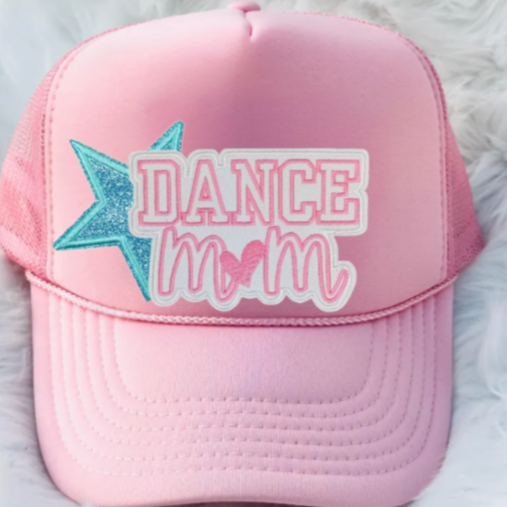 Pink baseball cap with a patch that says 'Dance Mom' with a blue star and pink heart.