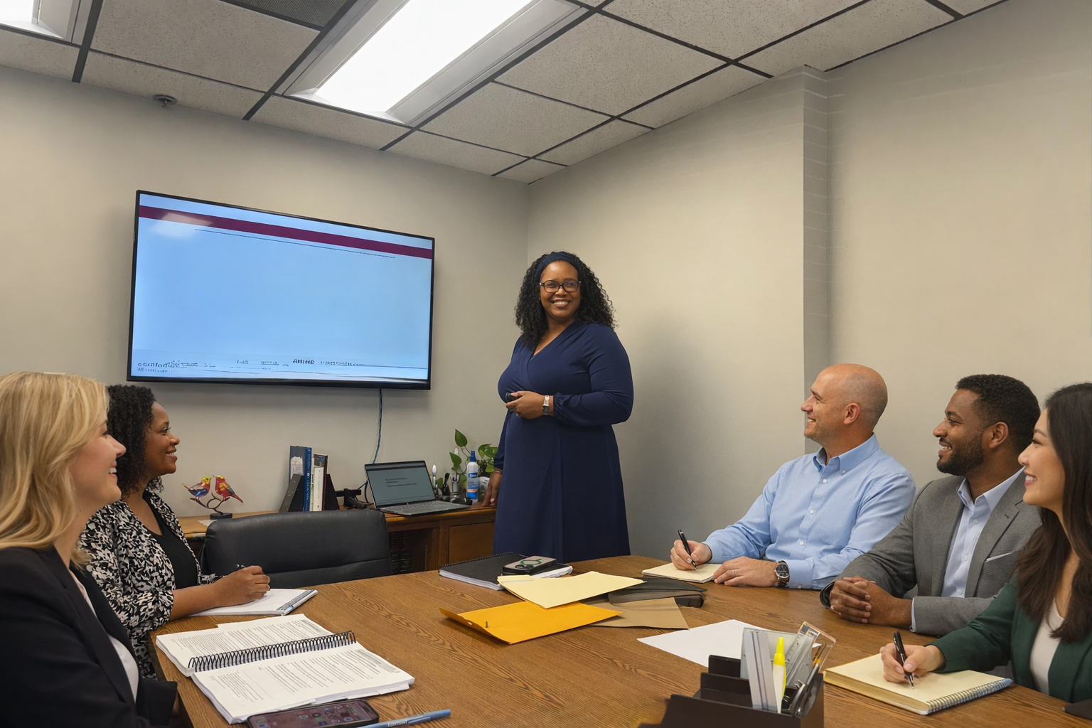 A diverse group of six professionals attending a meeting in a conference room. Four are seated at the table with notebooks and pens, one woman standing at the front smiling, with a large screen behind her.