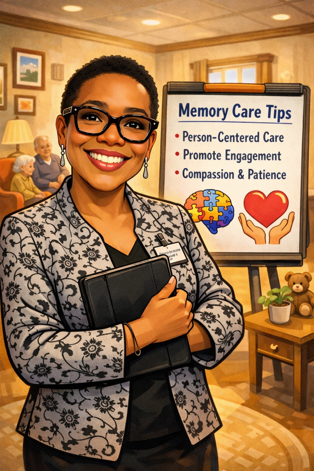 Smiling woman with glasses holding a tablet stands in front of a whiteboard titled 'Memory Care Tips' in a warmly decorated room with elderly people in the background, a small side table with a plant and teddy bear.