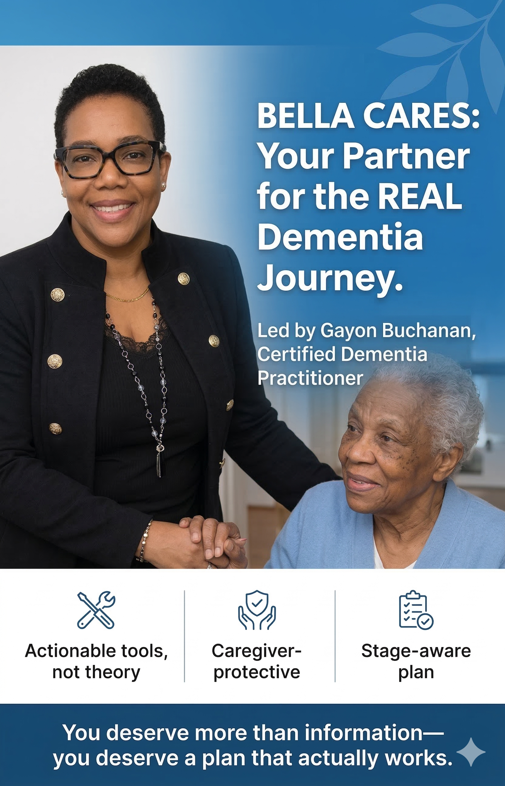 A promotional poster featuring a smiling woman with glasses shaking hands with an elderly woman, promoting Bella Cares, a program for dementia journey support led by Gayon Buchanan. The poster highlights actionable tools, caregiver protection, and stage-aware plans.