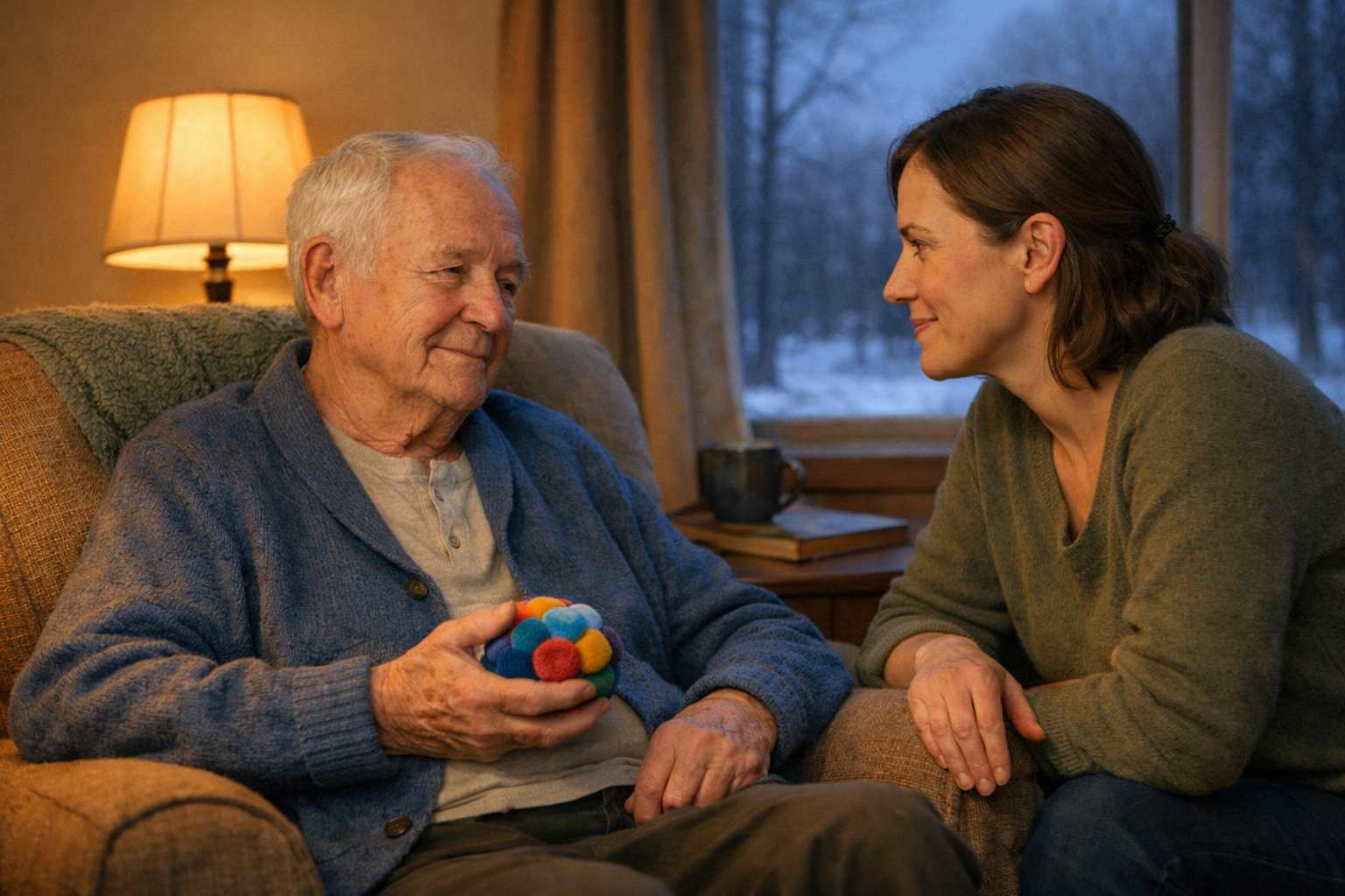 An elderly man sitting in a cozy living room, holding a colorful yarn ball, with a woman leaning toward him smiling who may be his caregiver. Warm lighting and a window with a snowy landscape in the background.