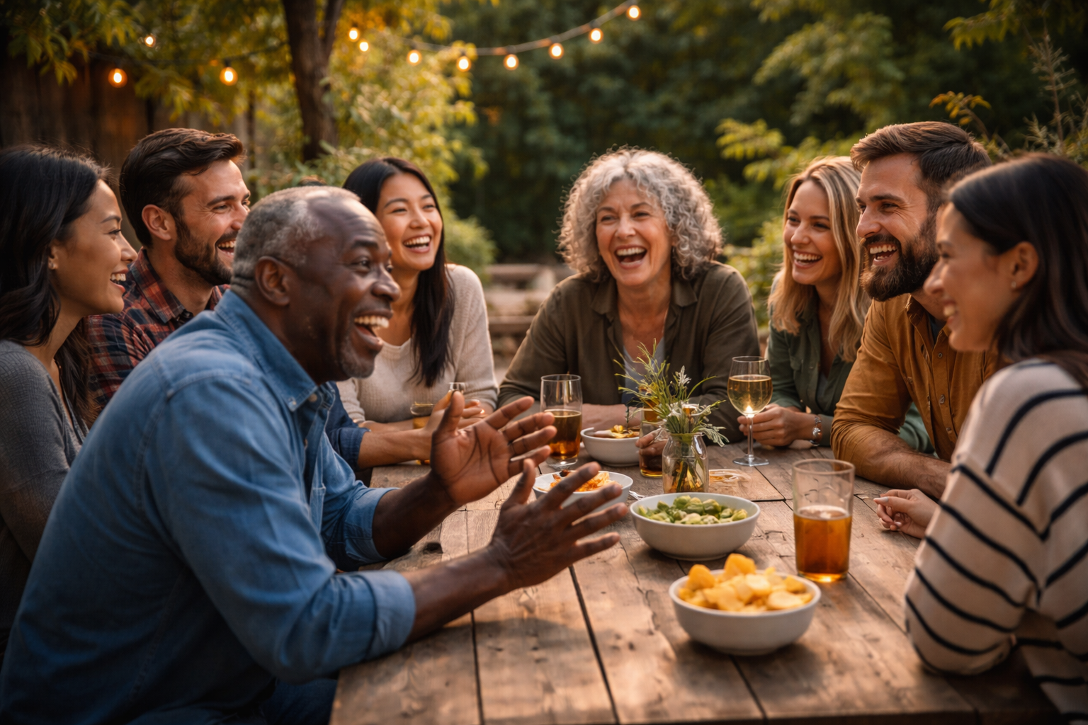 Group of friends laughing and talking around a wooden outdoor table with food and drinks, in a backyard or garden setting with string lights and trees.