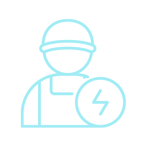 Outline illustration of a person wearing a safety helmet and apron, with a lightning bolt symbol indicating electricity or electrical work.