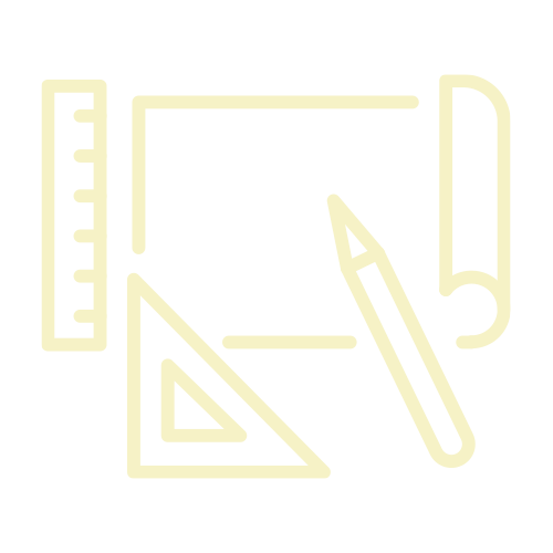 Line drawing of a ruler, a set square, a compass, a pen, and a rolled-up blueprint or scroll.