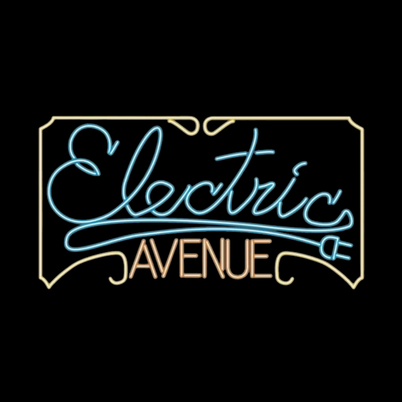 Neon sign displaying the words 'Electric Avenue' in blue and beige lettering on a black background.