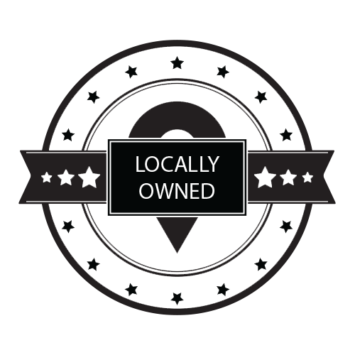A black and white circular badge with stars around the border and a location pin in the center. The badge has a ribbon across it with the text 'Locally Owned'.