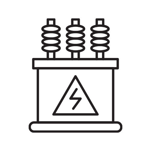 Outline of an electrical transformer with three high-voltage insulators on top and a warning symbol on the front.