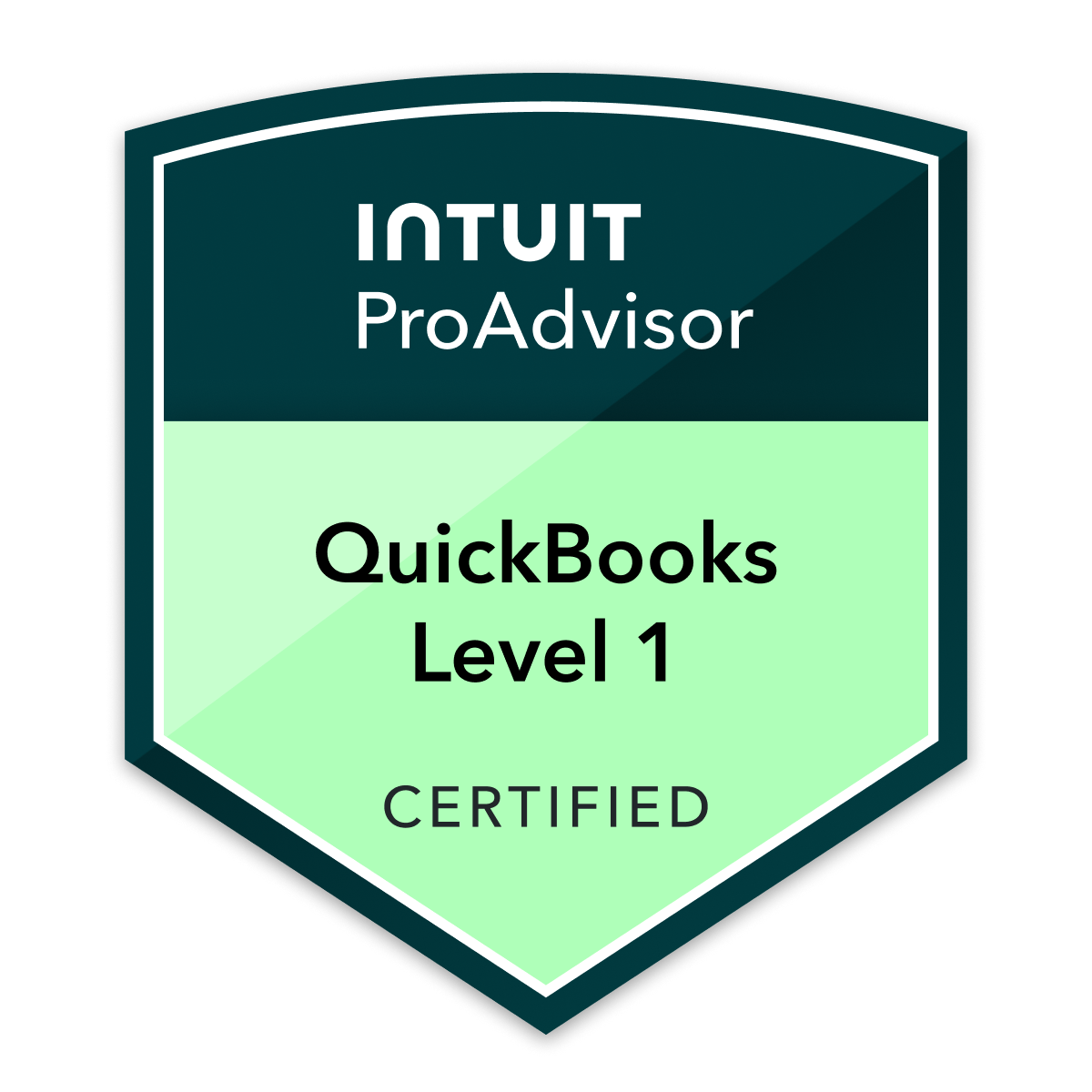Certification badge for QuickBooks Level 1 from Intuit ProAdvisor, labeled as certified.