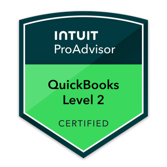A badge indicating certification in QuickBooks Level 2 from Intuit ProAdvisor.