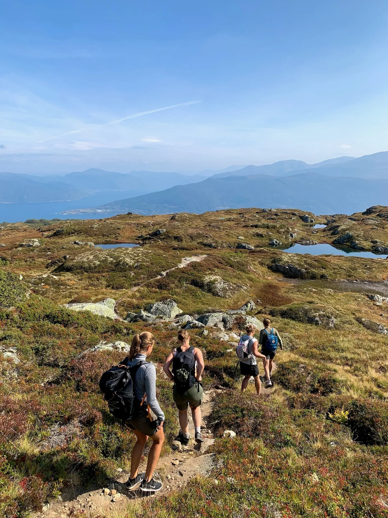 Four hikers walking on a trail in a mountainous landscape with small lakes, distant mountains, and a blue sky.