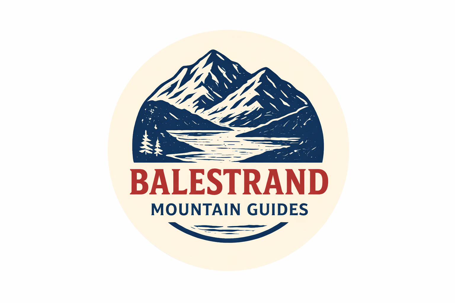 A circular logo featuring a mountainous landscape with a lake, trees, and snow-capped peaks, with the text "BALESTRAND MOUNTAIN GUIDES" below.