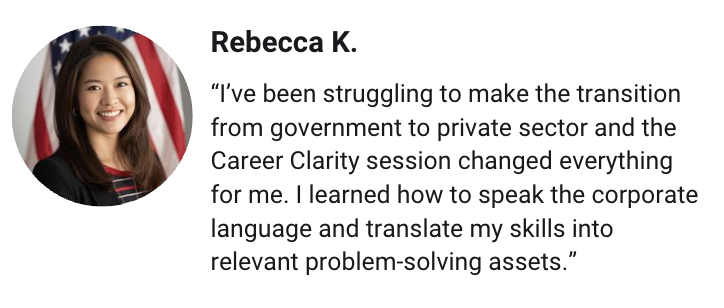 Profile photo of a smiling woman with dark hair in front of an American flag. Accompanying quote about career transition and corporate language skills.