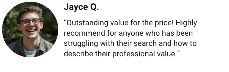 Customer review with a profile picture of a smiling young man with glasses, and text praising the service's value and professionalism.