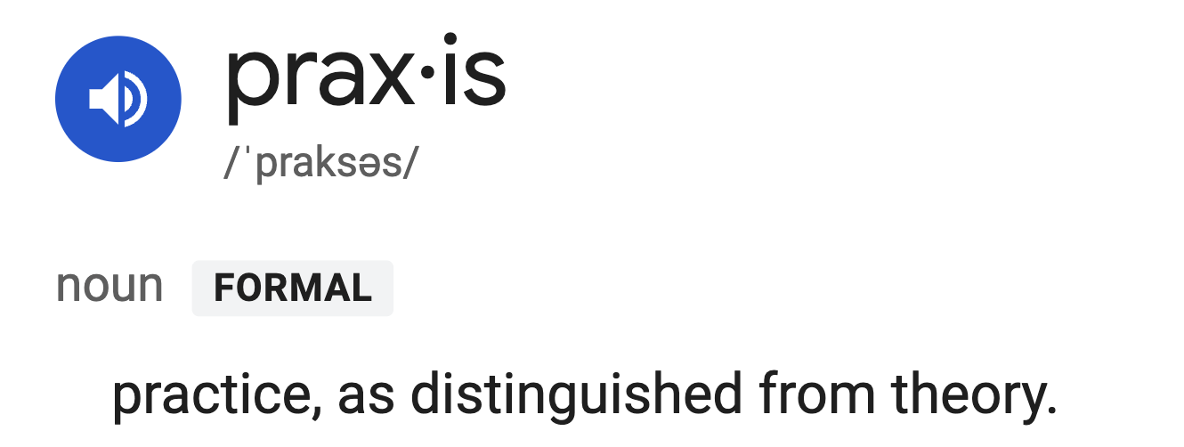 Definition of "practice" showing pronunciation and a brief explanation as practice as distinguished from theory.