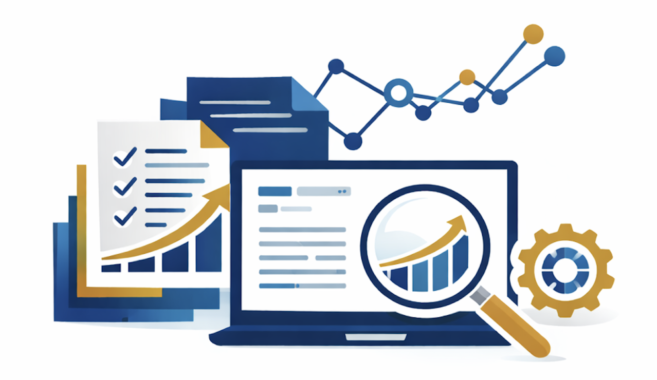 Illustration of business analytics with charts, documents, a magnifying glass highlighting a growth chart, and a gear symbol.