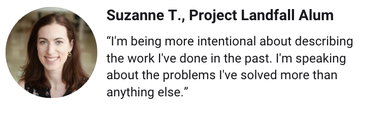 Portrait of Suzanne T., a Project Landfall Alum, smiling with brown hair, earrings, and a patterned top.