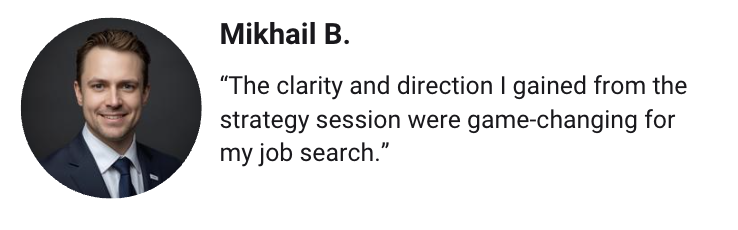 Photo of Mikhail B., a man in a suit, smiling against a dark background, with a quote about job search strategies.