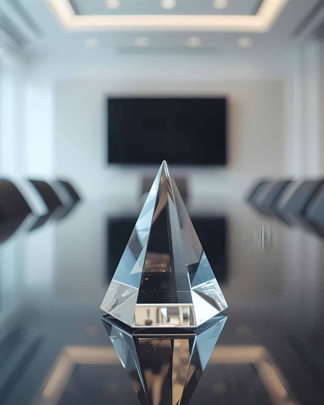 A clear glass pyramid-shaped award or sculpture on a polished black table, with a blurred conference room and large TV screen in the background.