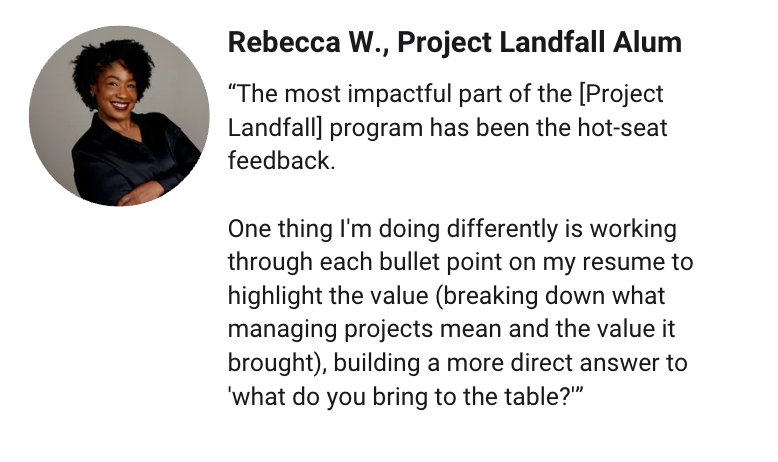 A professional profile featuring a photo of a woman with curly hair, smiling, and wearing a black blazer, along with a quote about the Project Landfill program highlighting personal impact and resume improvements.