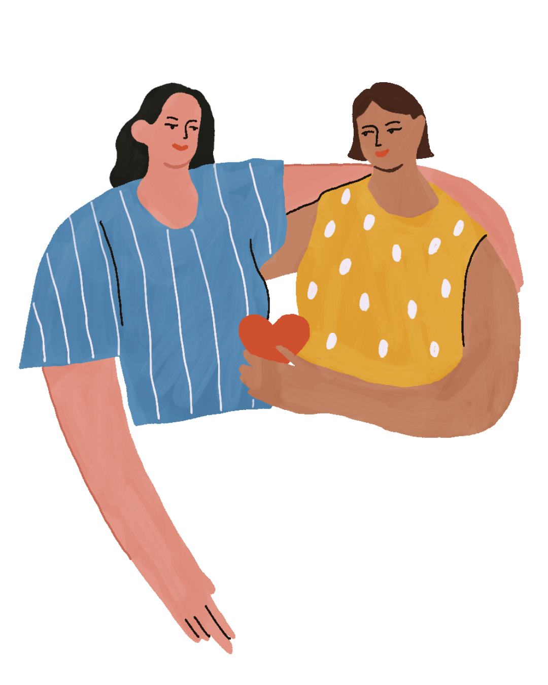 Two women, one with long dark hair in a blue striped top and the other with short brown hair in a yellow polka-dot top, are sitting together on a pink couch. One woman is holding a red heart-shaped object.