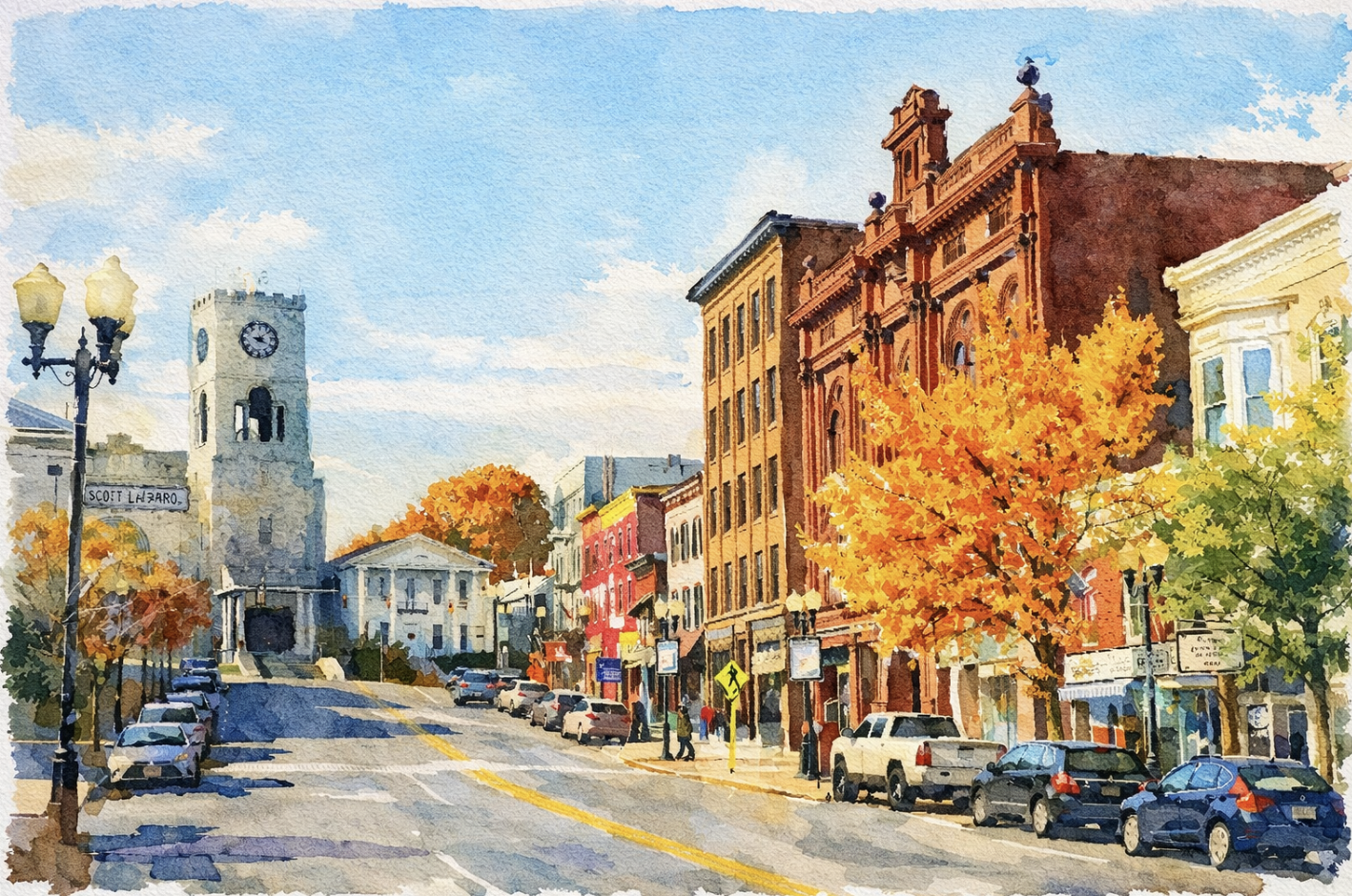 Watercolor painting of a downtown street with colorful buildings, parked cars, trees with orange leaves, and a clock tower under a blue sky with clouds.