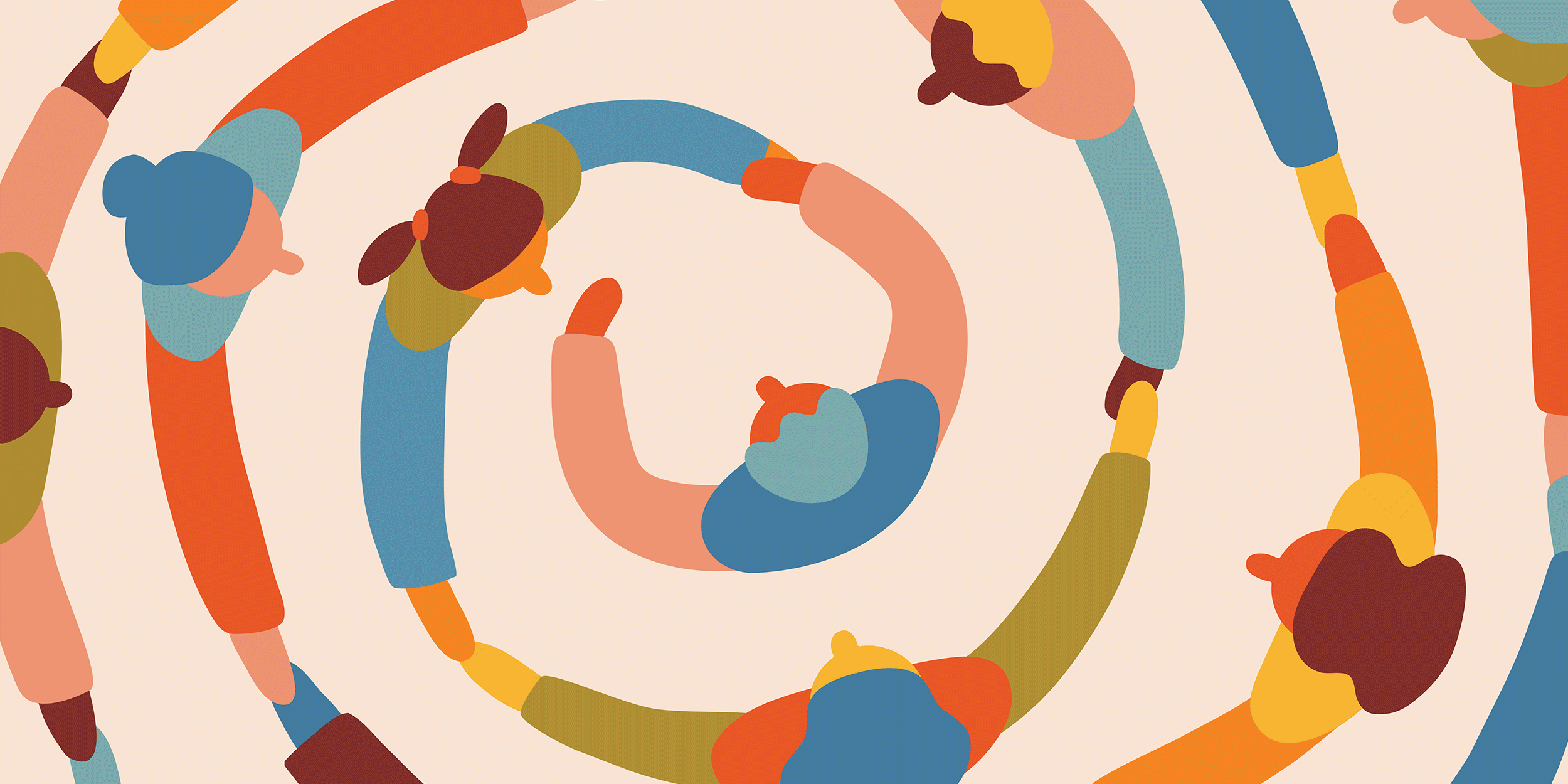 Abstract illustration of six women with different colored hair, sitting with their legs tucked and holding hands in a circle, viewed from above against a light beige background.