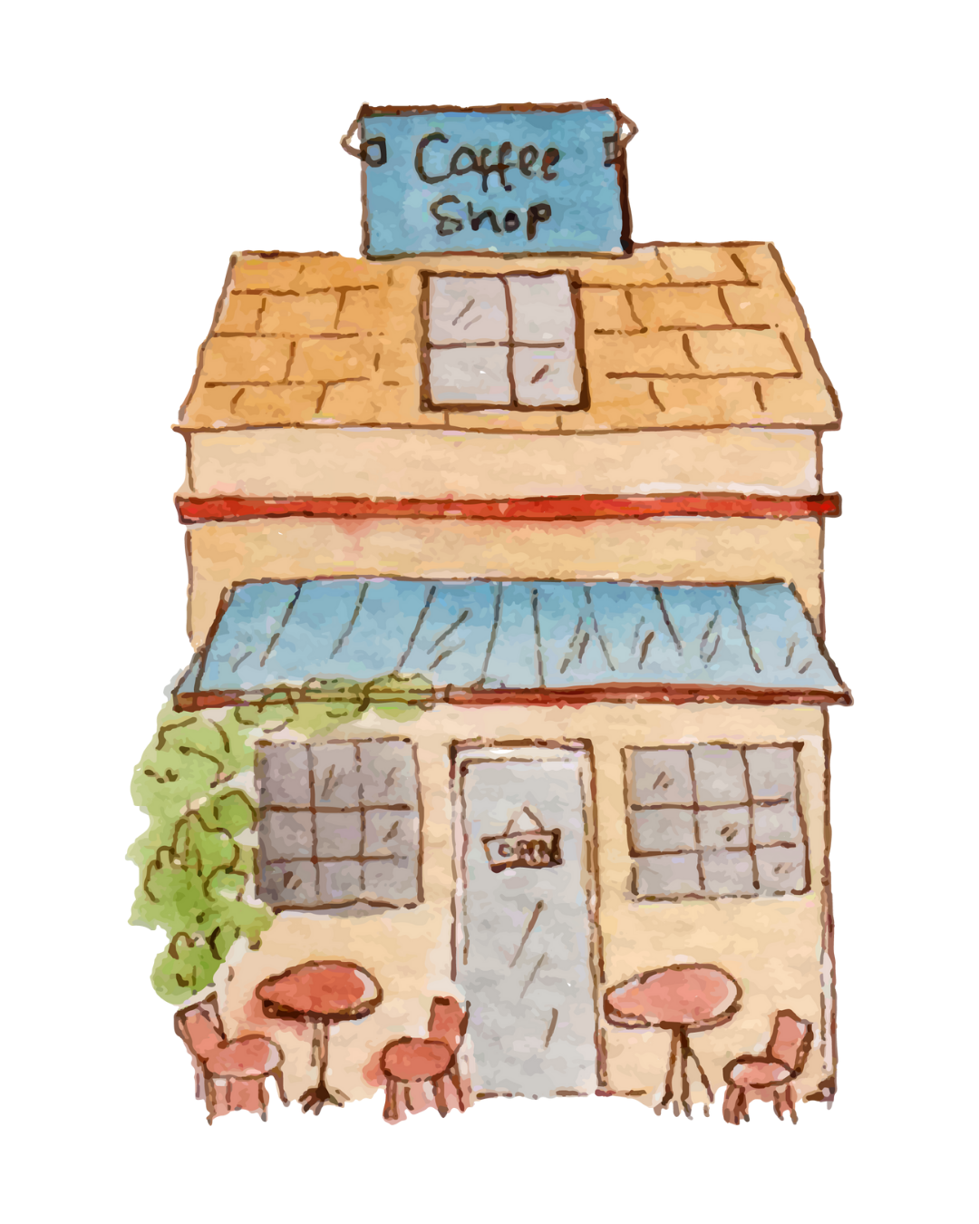 A watercolor illustration of a small coffee shop building with a sign reading 'Coffee Shop' on top, a door with a mail slot, large windows, a blue awning, and outdoor tables and chairs, with green foliage on the side.