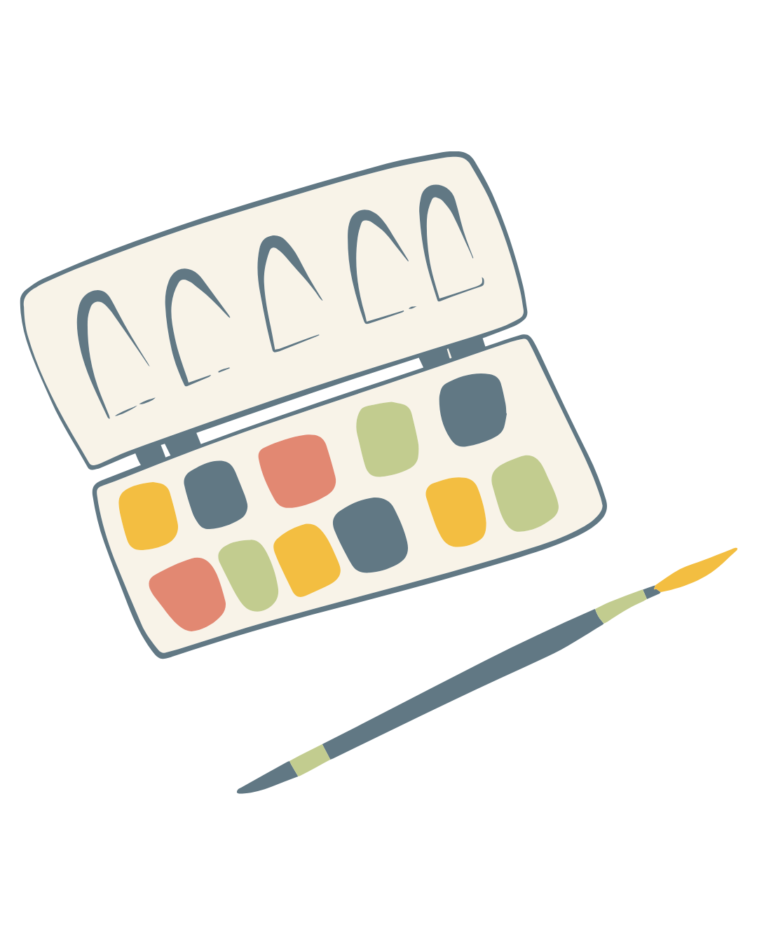 Watercolor illustration of a watercolor paint set with an open case showing 12 colors and a paintbrush.