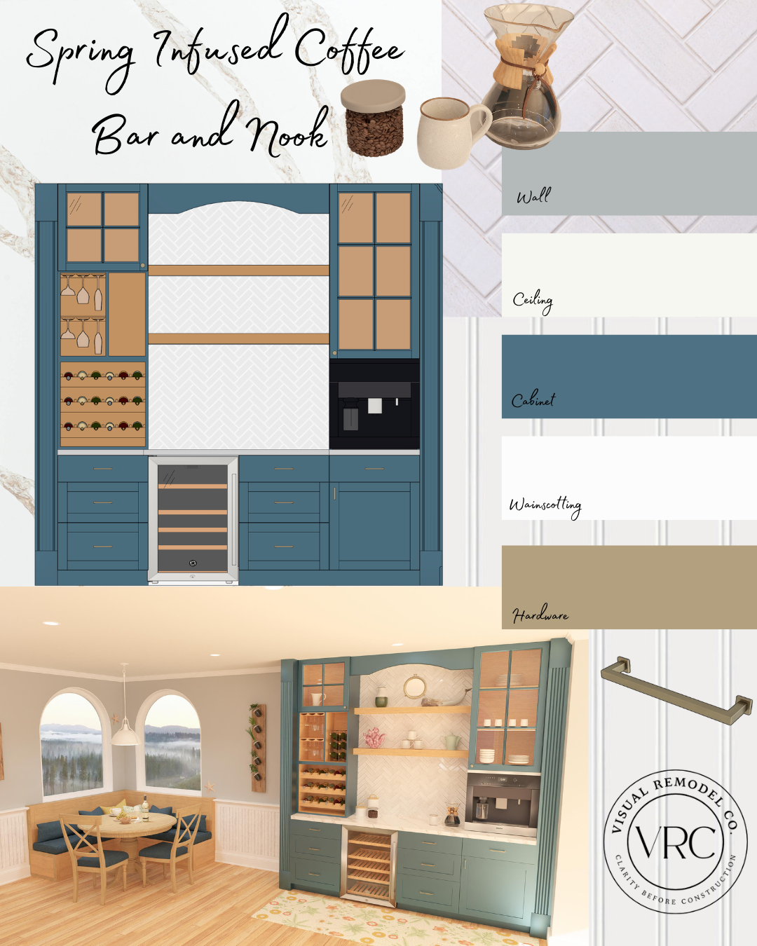 Design plan for a spring-inspired coffee bar with custom cabinetry, wine storage, and open shelving, accompanied by a real-life kitchen with matching cabinetry, open shelves, and a dining area, highlighting color schemes and decor.