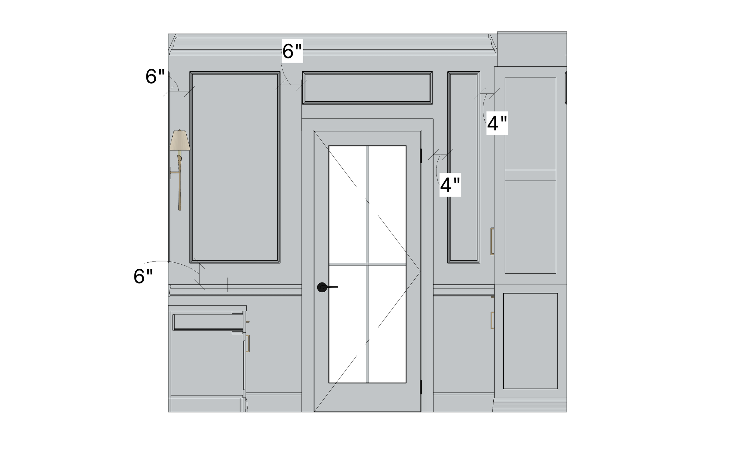 A detailed architectural blueprint of a wall with dimensions for each section. The drawing includes measurements of 6 inches, 4 inches, and other sections marked with dimensions, and features window and door outlines.