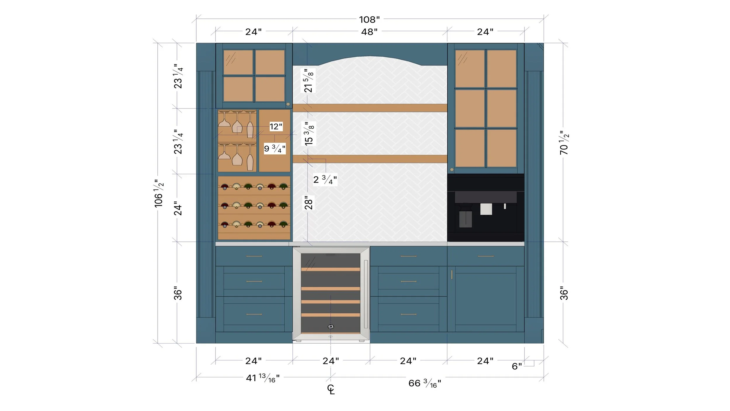Detailed kitchen cabinet design with measurements, including upper and lower cabinets, a wine rack, and a built-in oven.