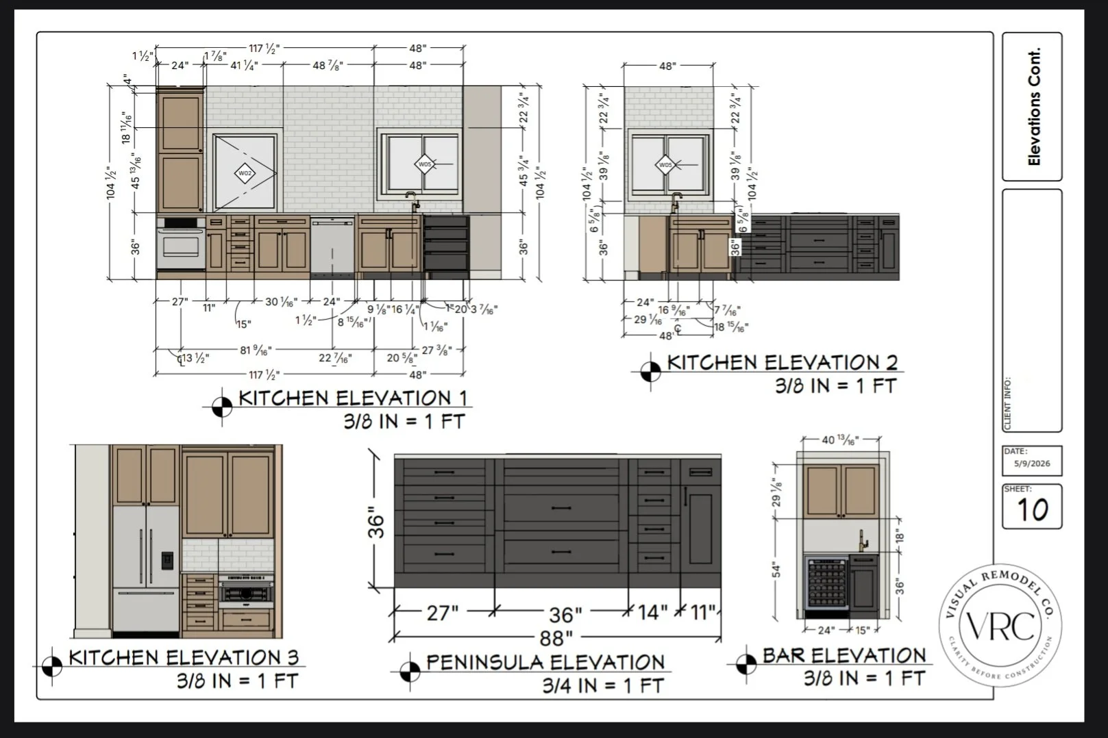 A detailed architectural blueprint of kitchen and bar elevations, including measurements and design layouts.