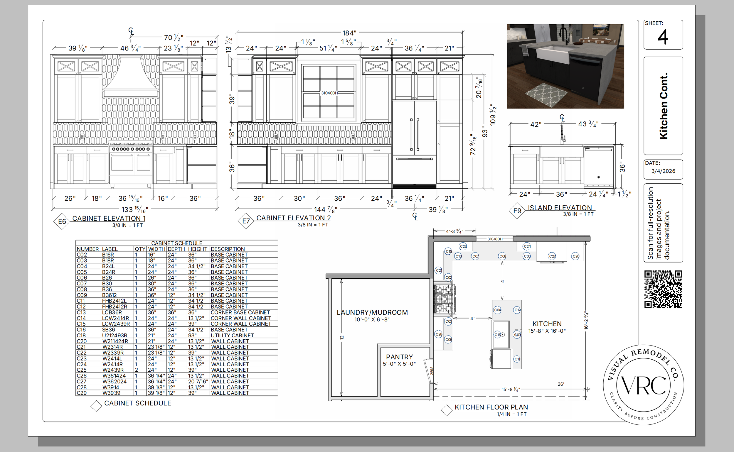 Architectural blueprint of a kitchen design, showing detailed measurements and layout including cabinetry, island, laundry/mudroom, pantry, and floor plan with a sample 3D interior room view in the top right corner.