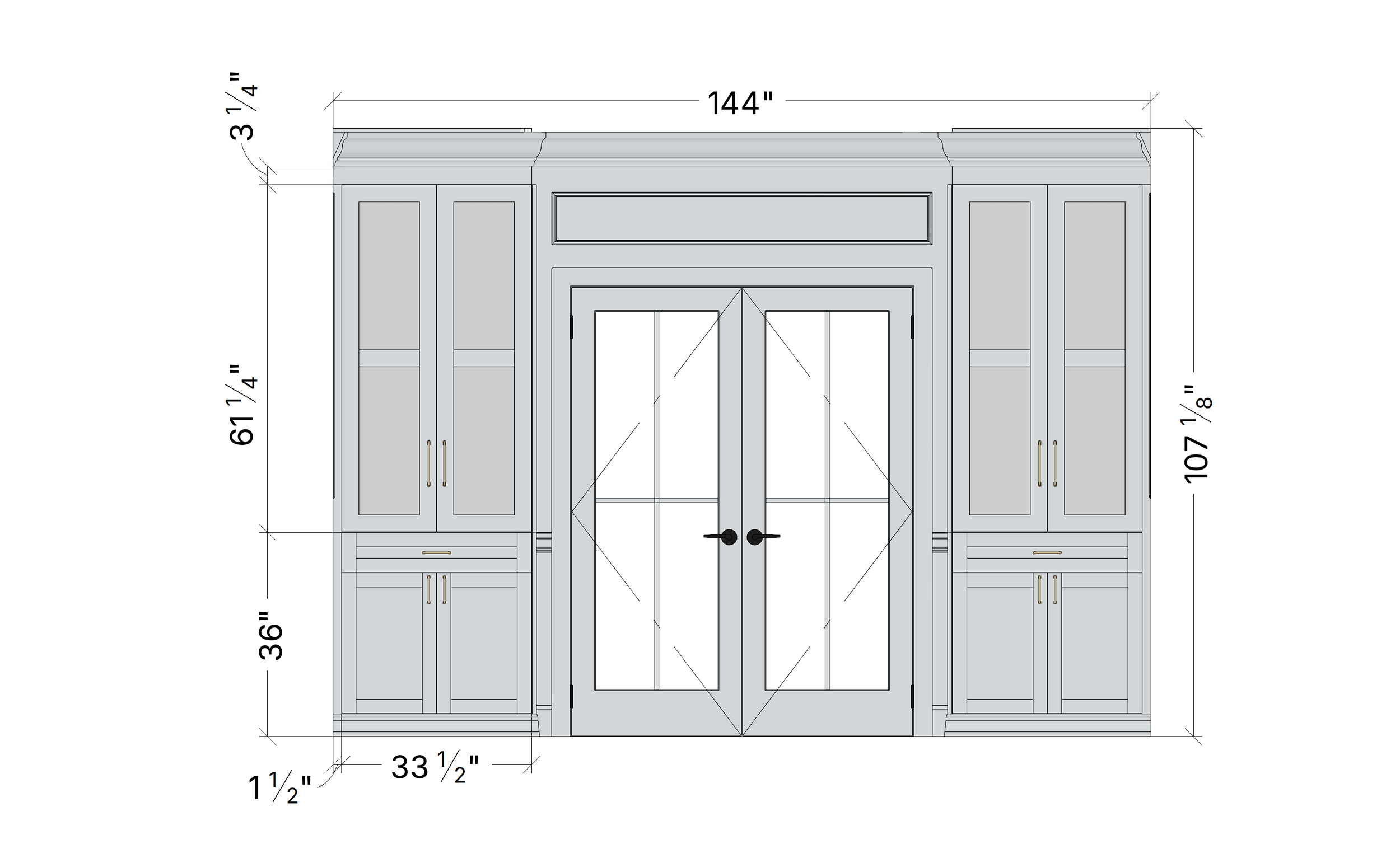 A detailed architectural blueprint of a large double-door entryway measuring 144 inches wide by 107 1/8 inches high, with dimensions and construction details marked.