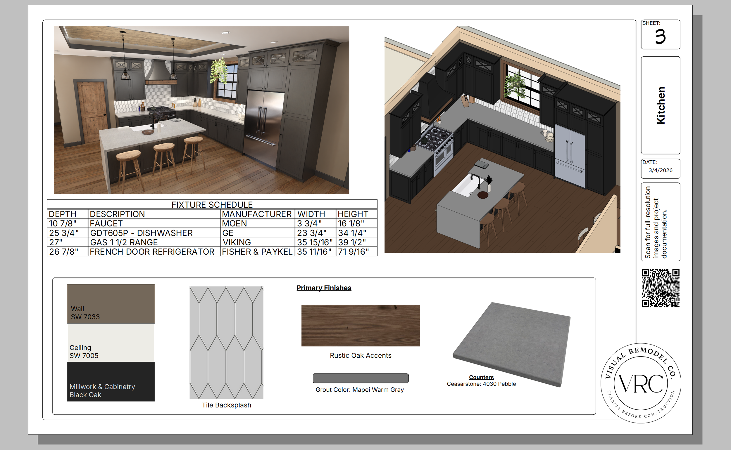 Layout sheet of a modern kitchen design, including a 3D model plan and a real rendered image. The kitchen features dark cabinets, a central island with stools, a stainless steel refrigerator, and a window with a plant.