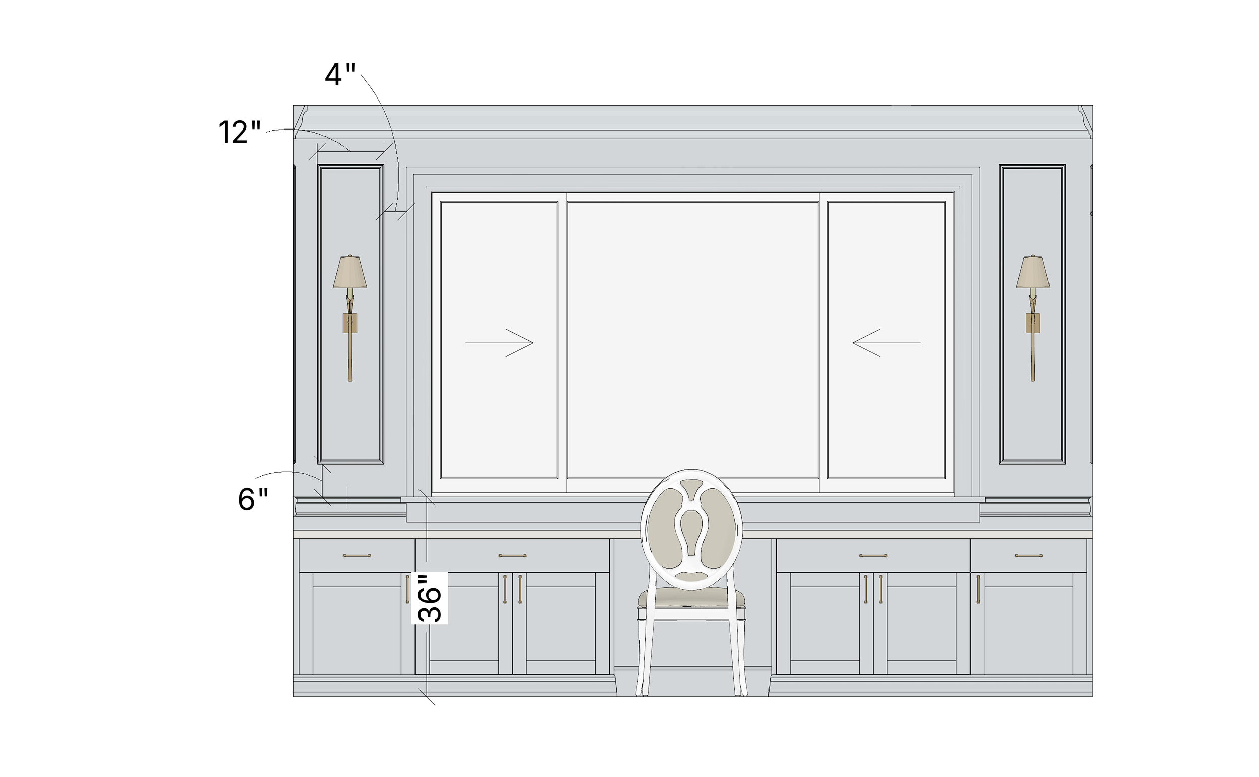 Architectural drawing of a built-in living room with a chair, two wall-mounted lamps, and dimensions marked.